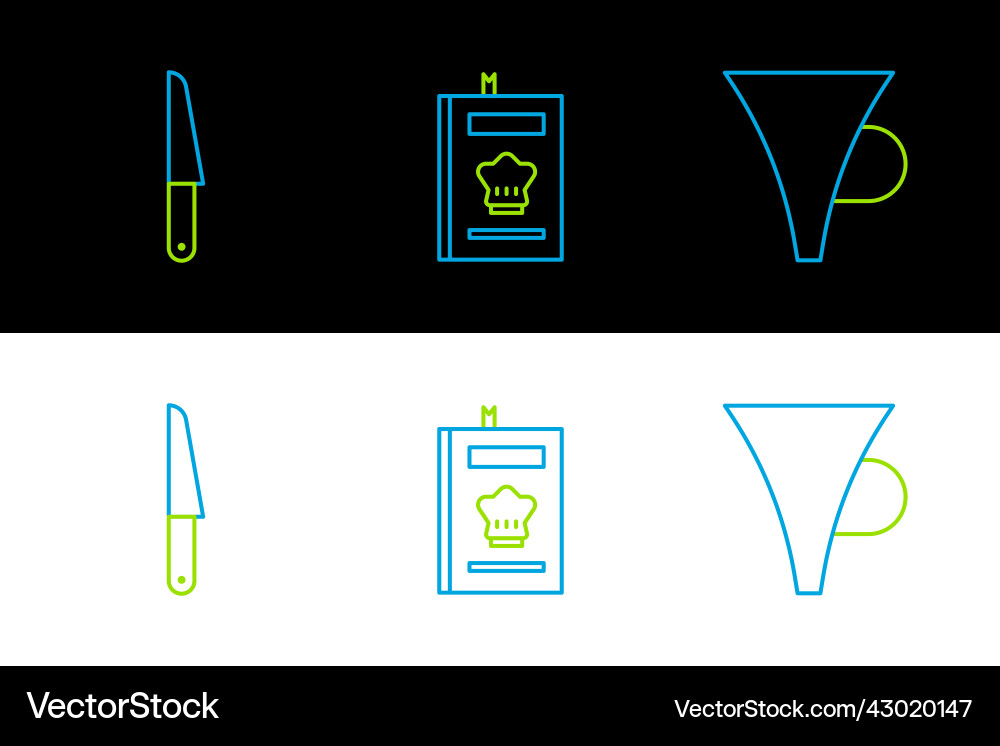Set line funnel or filter knife and cookbook icon Set line funnel or filter knife and cookbook icon vector image