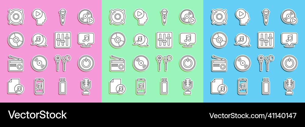 Set line microphone power button musical note Set line microphone power button musical note vector image