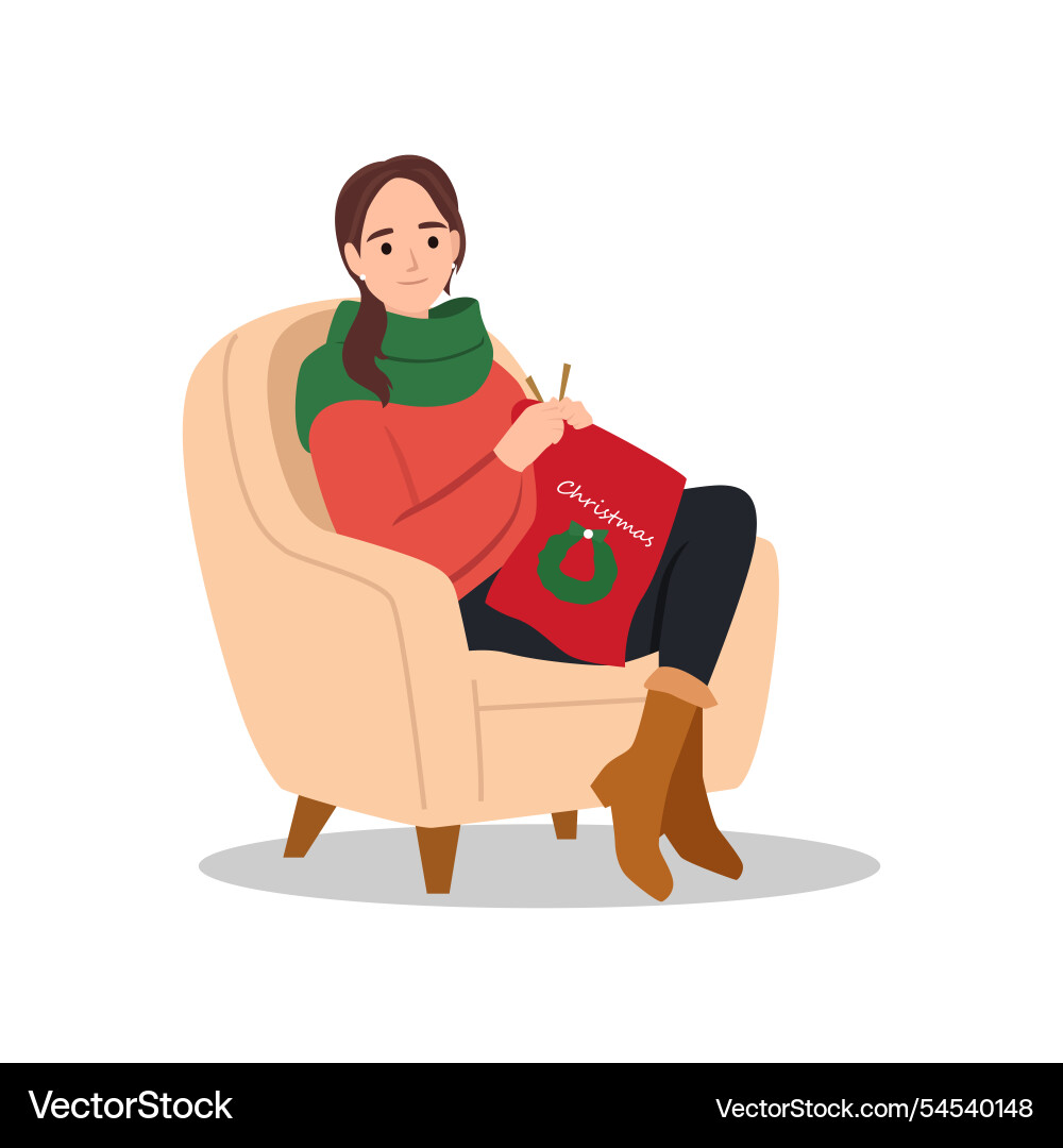 Cheerful Frau knits ein Schalbusket von Garn Cheerful Frau knits ein Schalbusket von Garn vektorbild