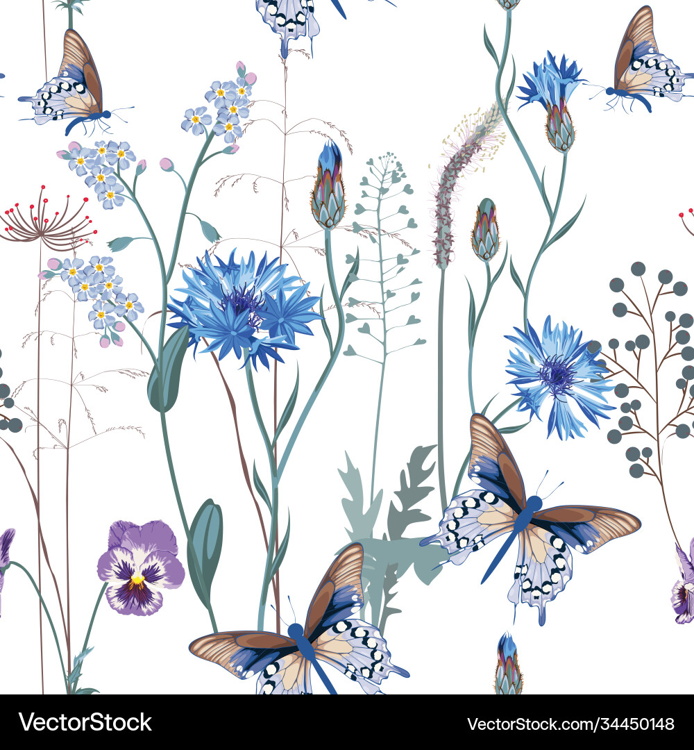 Cornflower viola forget-me-not flowersbutterfly vector image