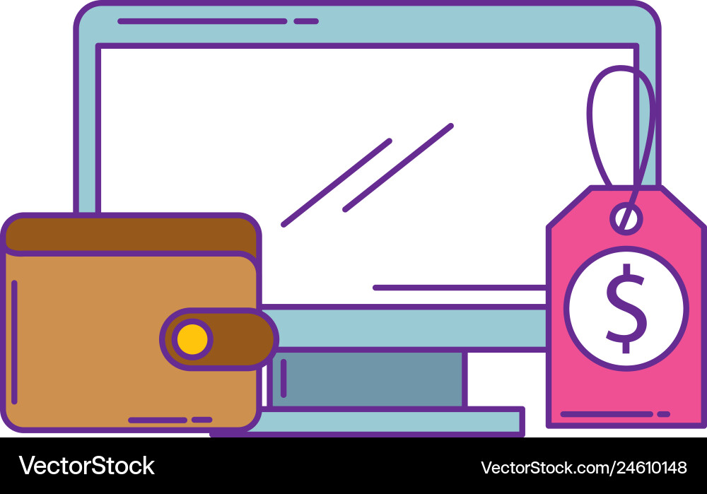 Monitor computer with wallet money and label vector image