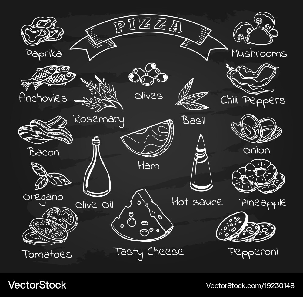 Pizza Ingredients Sketch on Chalkboard Vector Image