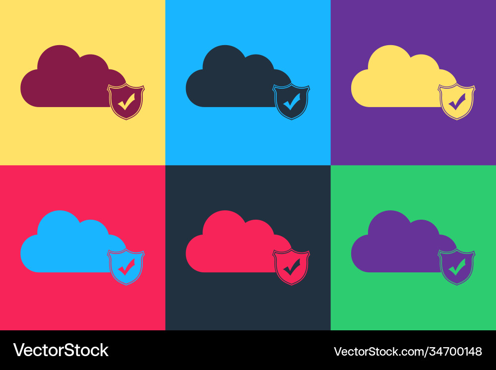 Pop art cloud and shield with check mark icon Pop art cloud and shield with check mark icon vector image