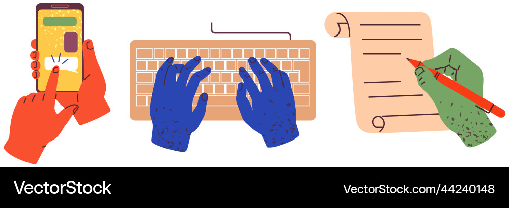 Set of colorful hands holding objects vector image