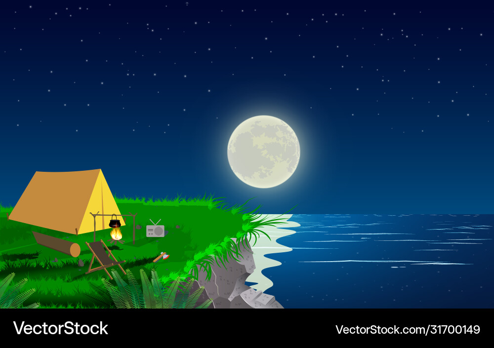 Camp tent on cliff in full moon night Camp tent on cliff in full moon night vector image