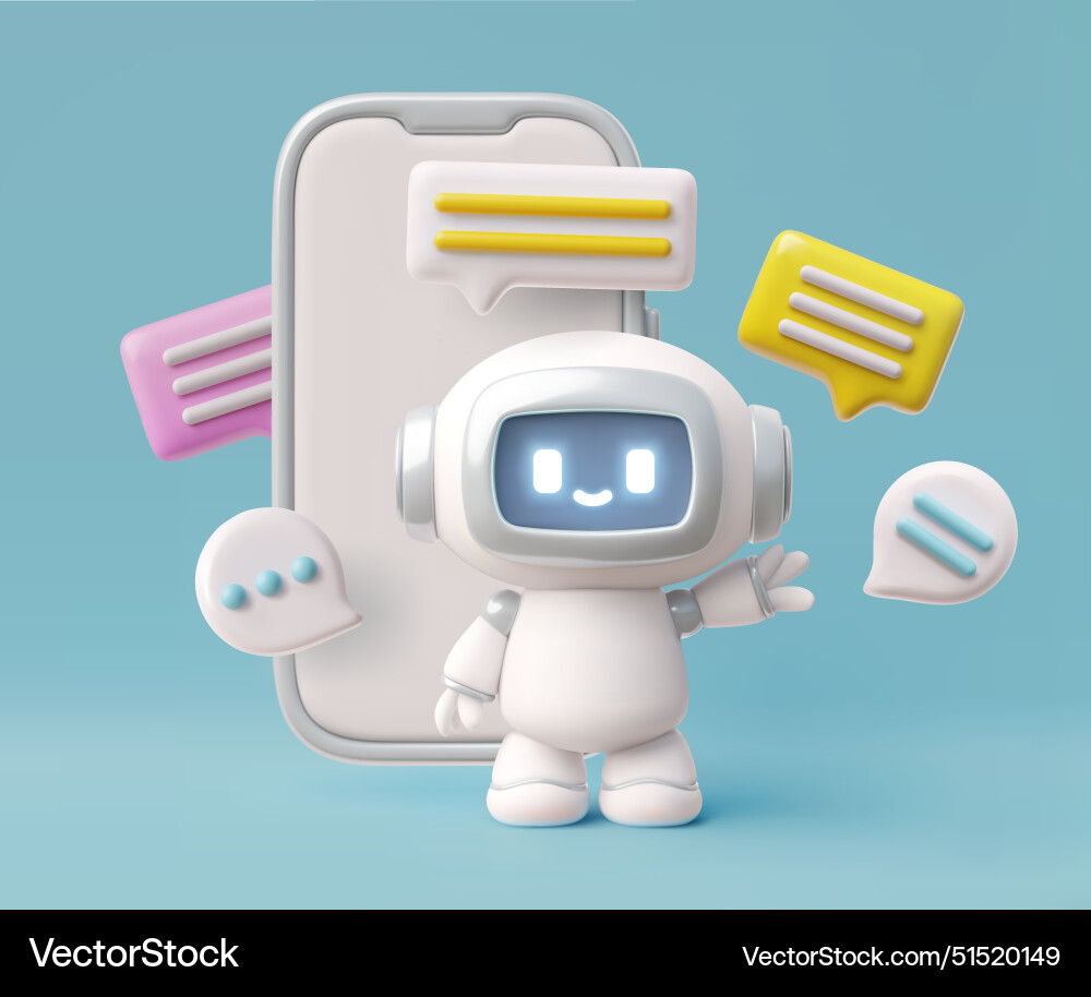 Chatbot and smartphone with speech bubbles in 3d vector image