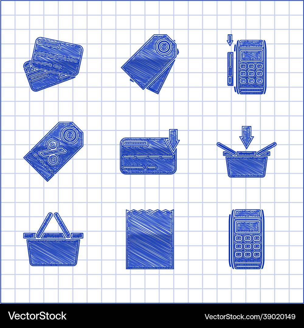 Set credit card paper shopping bag pos terminal Set credit card paper shopping bag pos terminal vector image