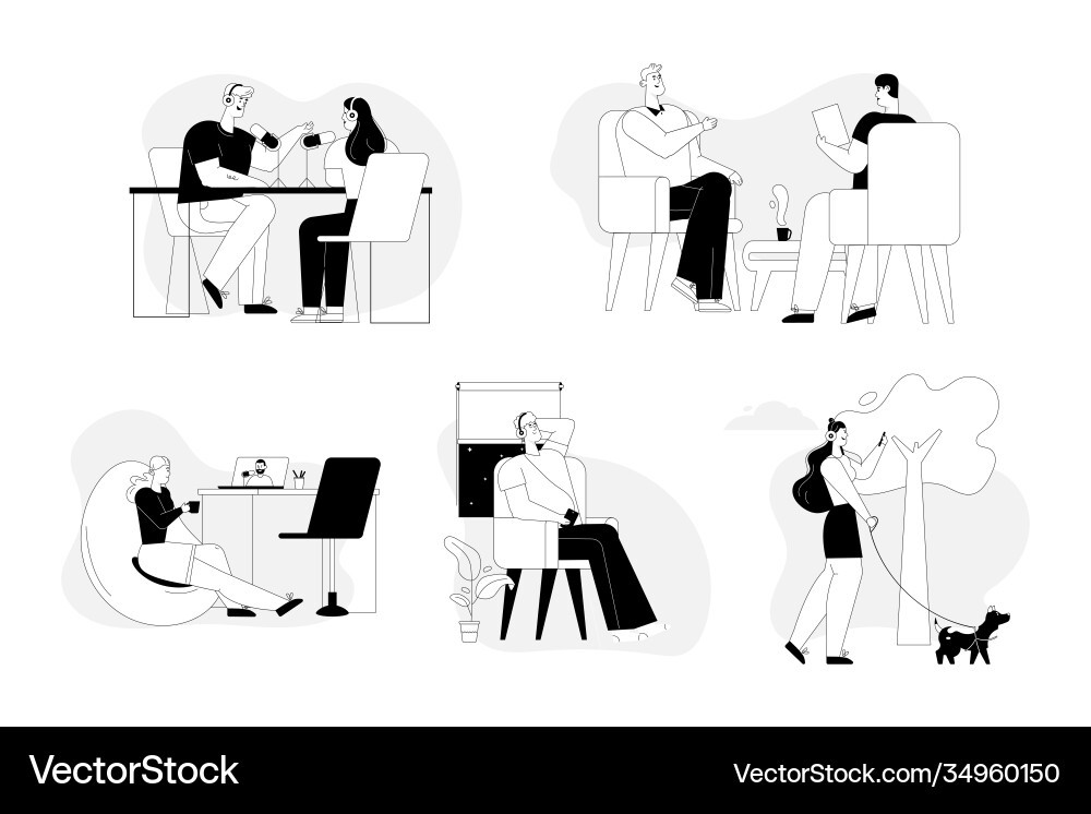 Podcasts and interview scenes linear set Podcasts and interview scenes linear set vector image