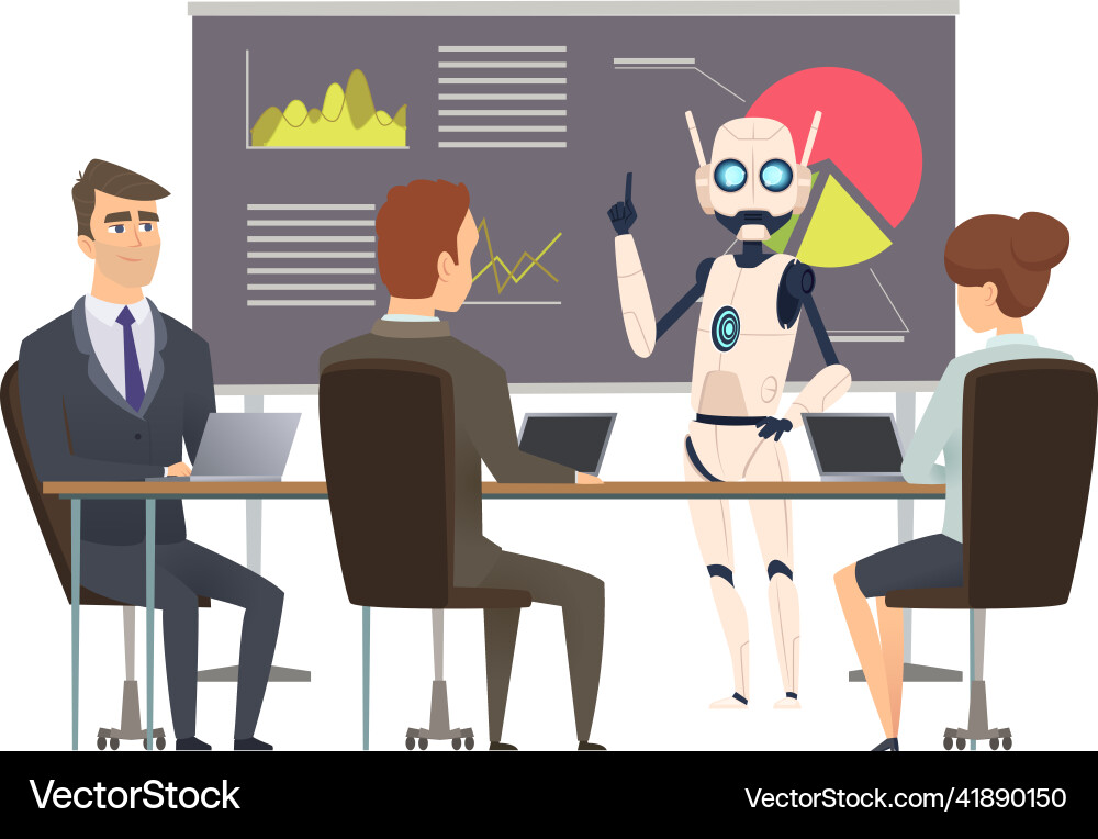 Robotization robot makes presentation at business Robotization robot makes presentation at business vector image