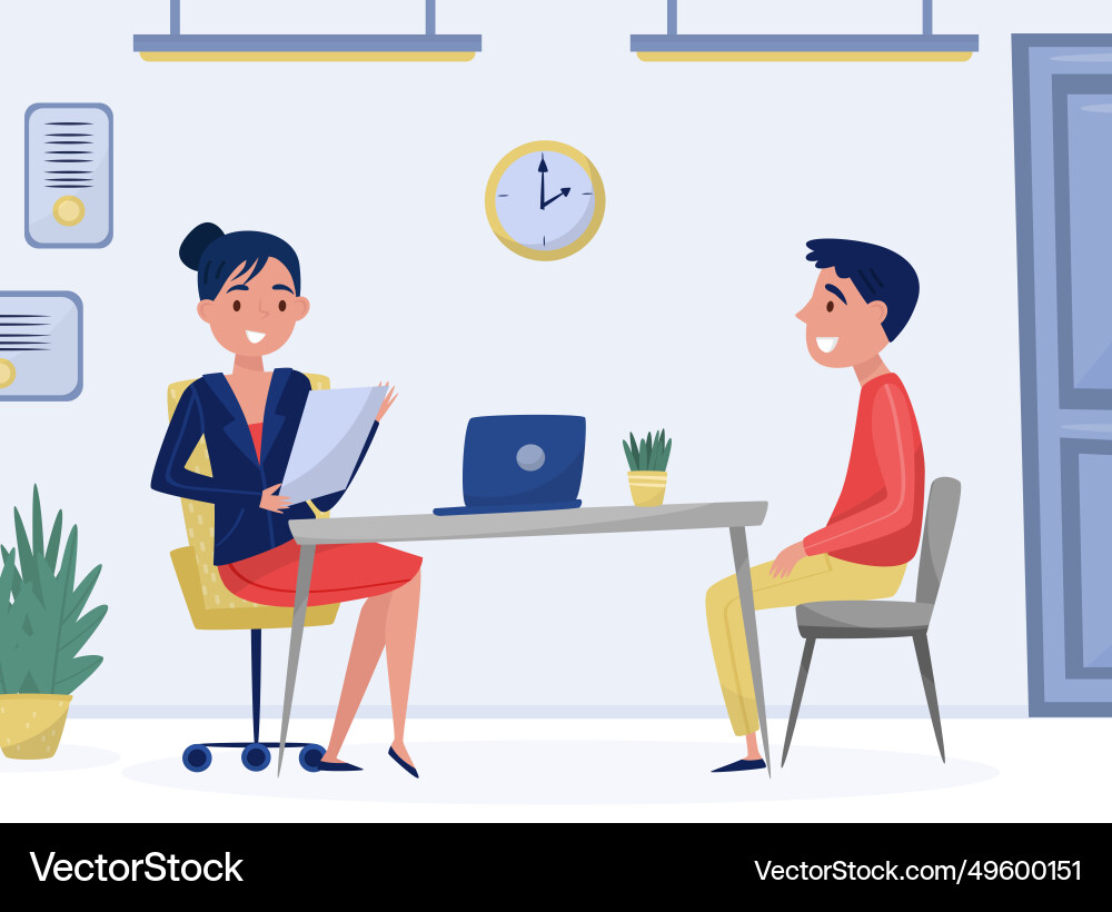 Man at job interview sit table talking Man at job interview sit table talking Vector Image