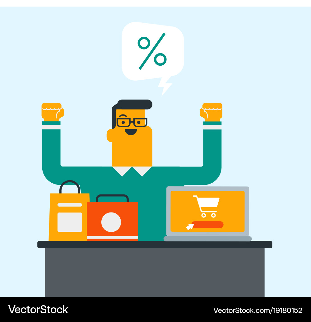 Man using a laptop with shopping cart on screen Vector Image