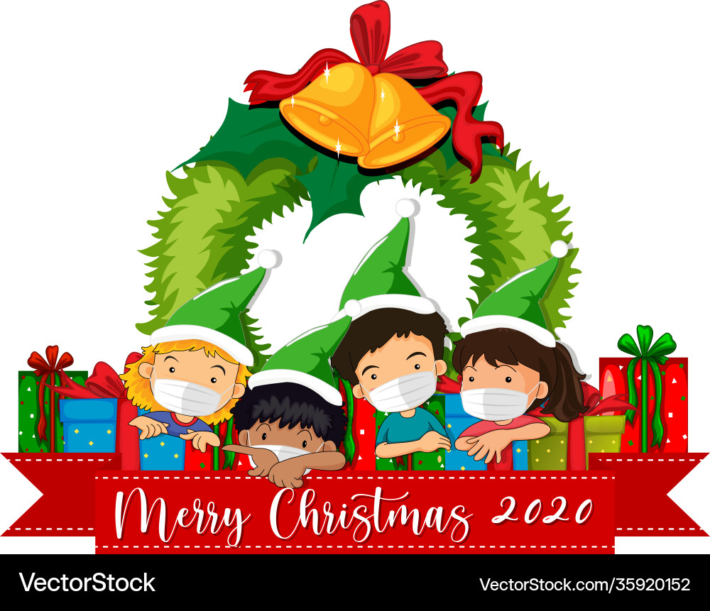 Merry christmas 2020 font banner with children vector image