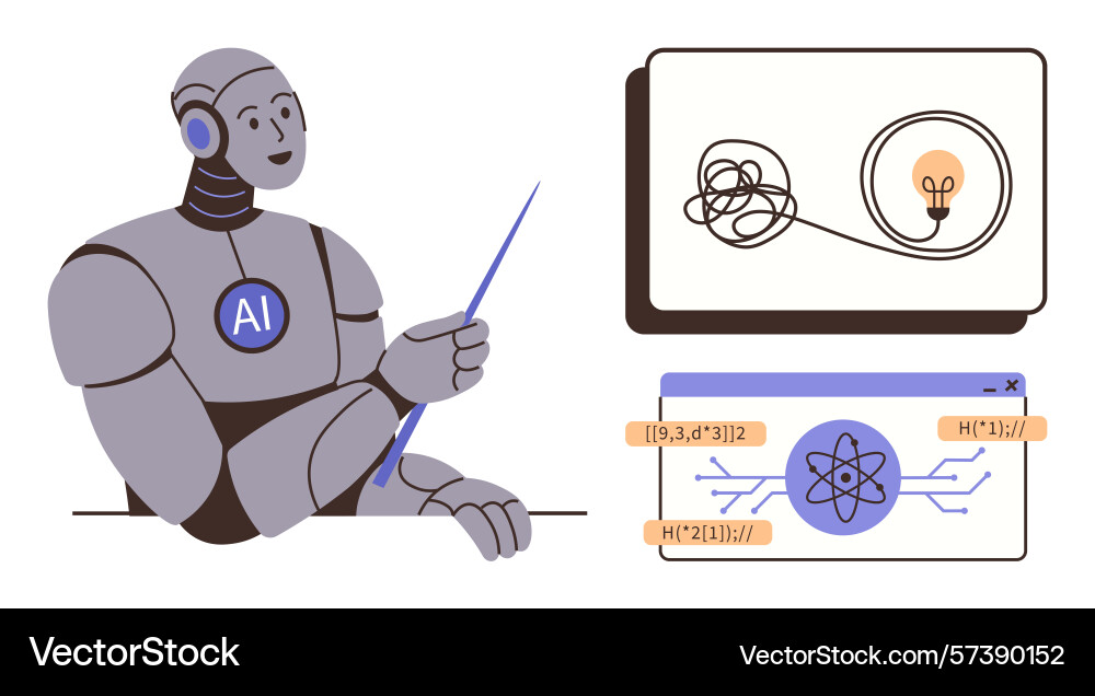 Robot explaining concepts using screens showing Robot explaining concepts using screens showing vector image