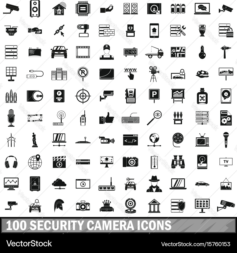 100 security camera icons set simple style vector image
