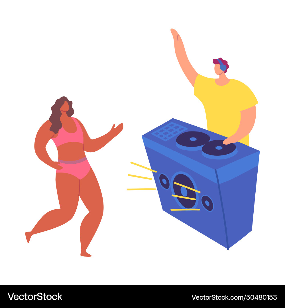 Cartoon color character dj guy and dancing girl Cartoon color character dj guy and dancing girl vector image