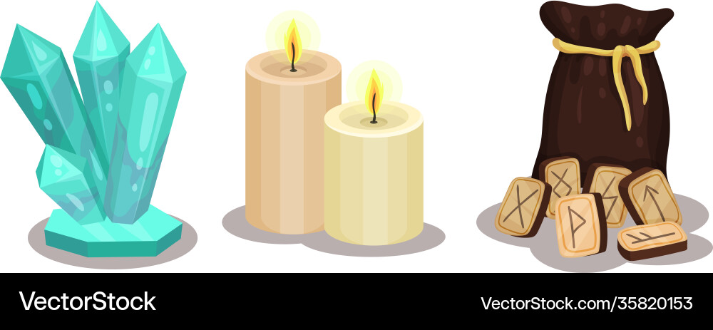 Fortune telling objects with rune and candles Fortune telling objects with rune and candles Vector Image