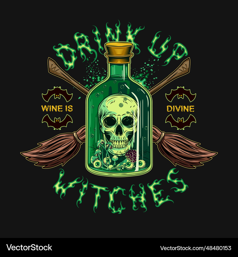 Label with bottle skull eyeballs mushrooms brooms Label with bottle skull eyeballs mushrooms brooms vector image