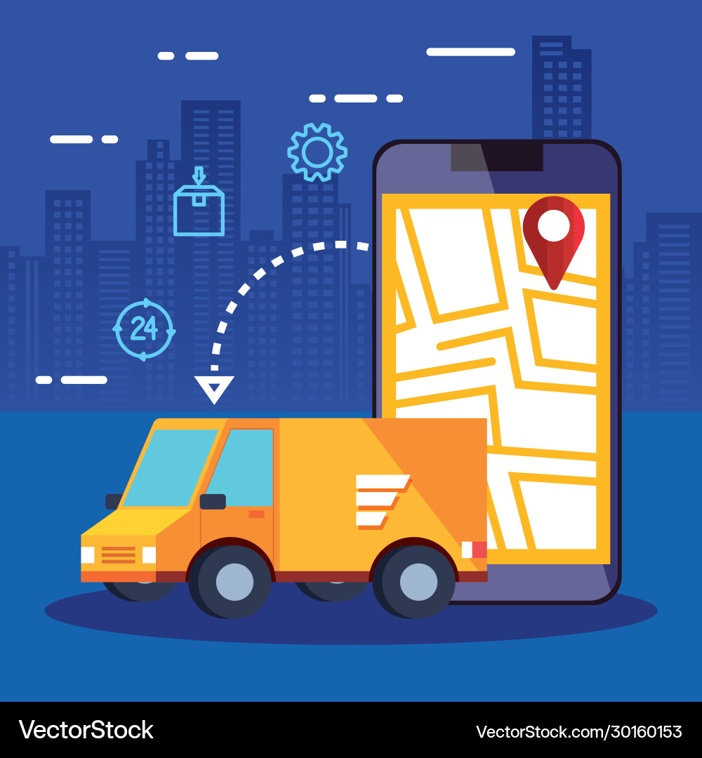 Smartphone with app logistic service and van Smartphone with app logistic service and van vector image