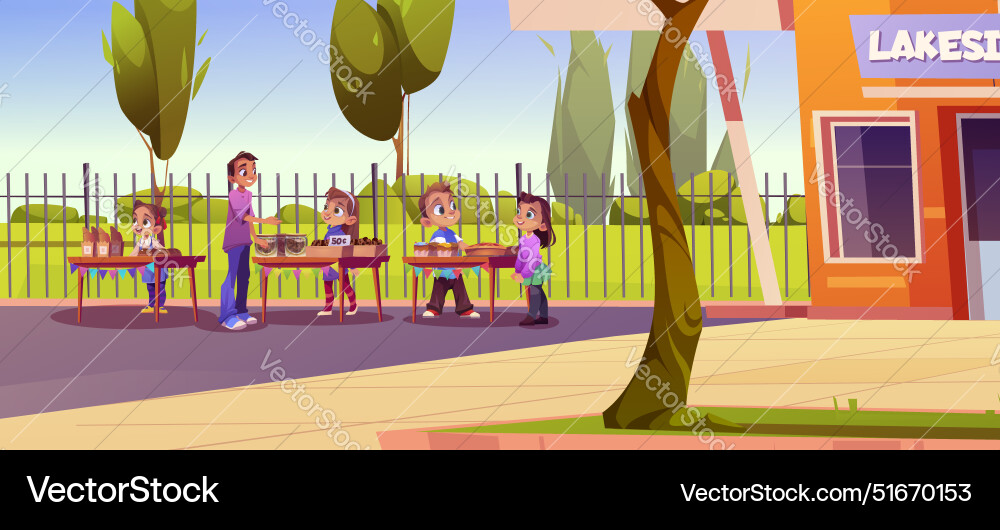 Street school outside fair market near building Street school outside fair market near building vector image
