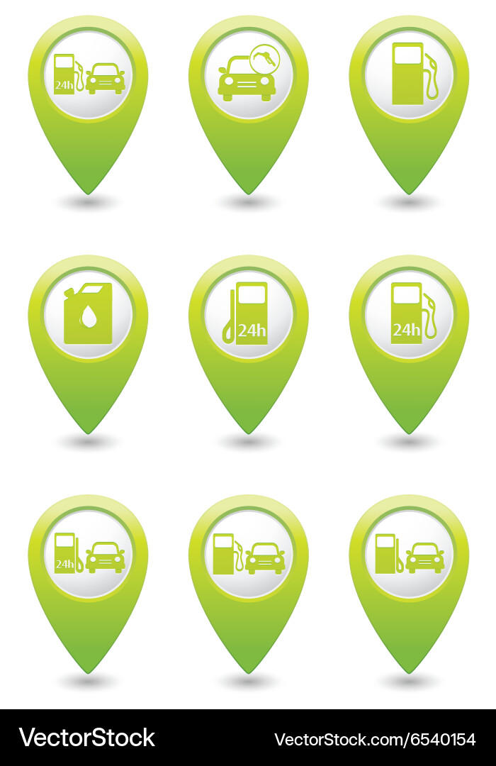 Gas station icons on green map pointers Vector Image