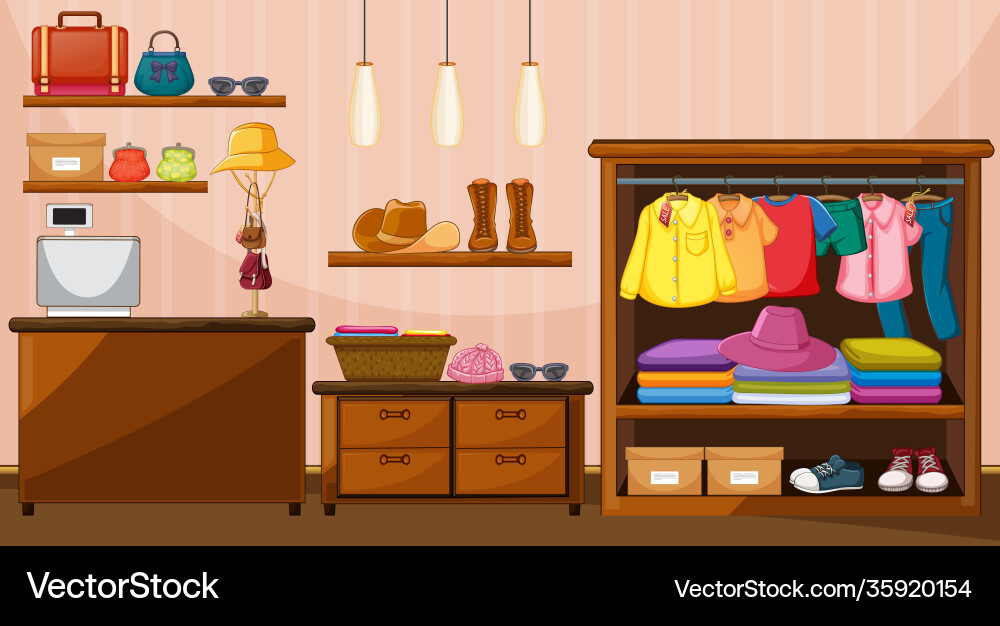 Kleider hängen in Garderobe mit vielen Accessoires Kleider hängen in Garderobe mit vielen Accessoires vektorbild