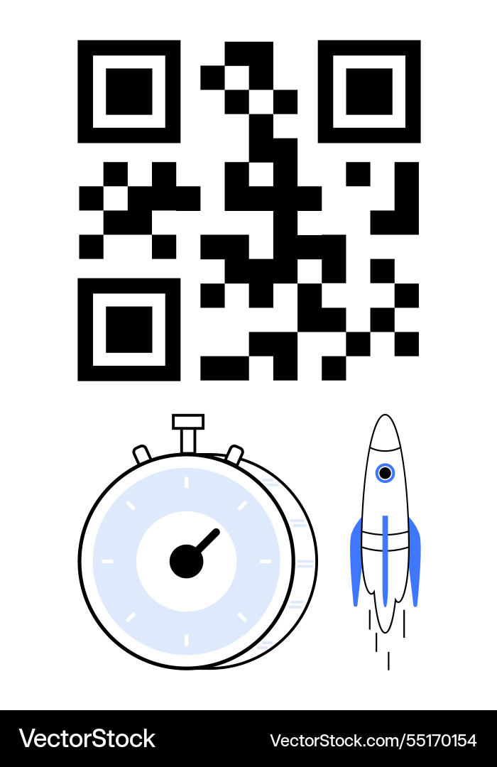 Qr code with stopwatch and rocket suggesting speed Qr code with stopwatch and rocket suggesting speed vector image