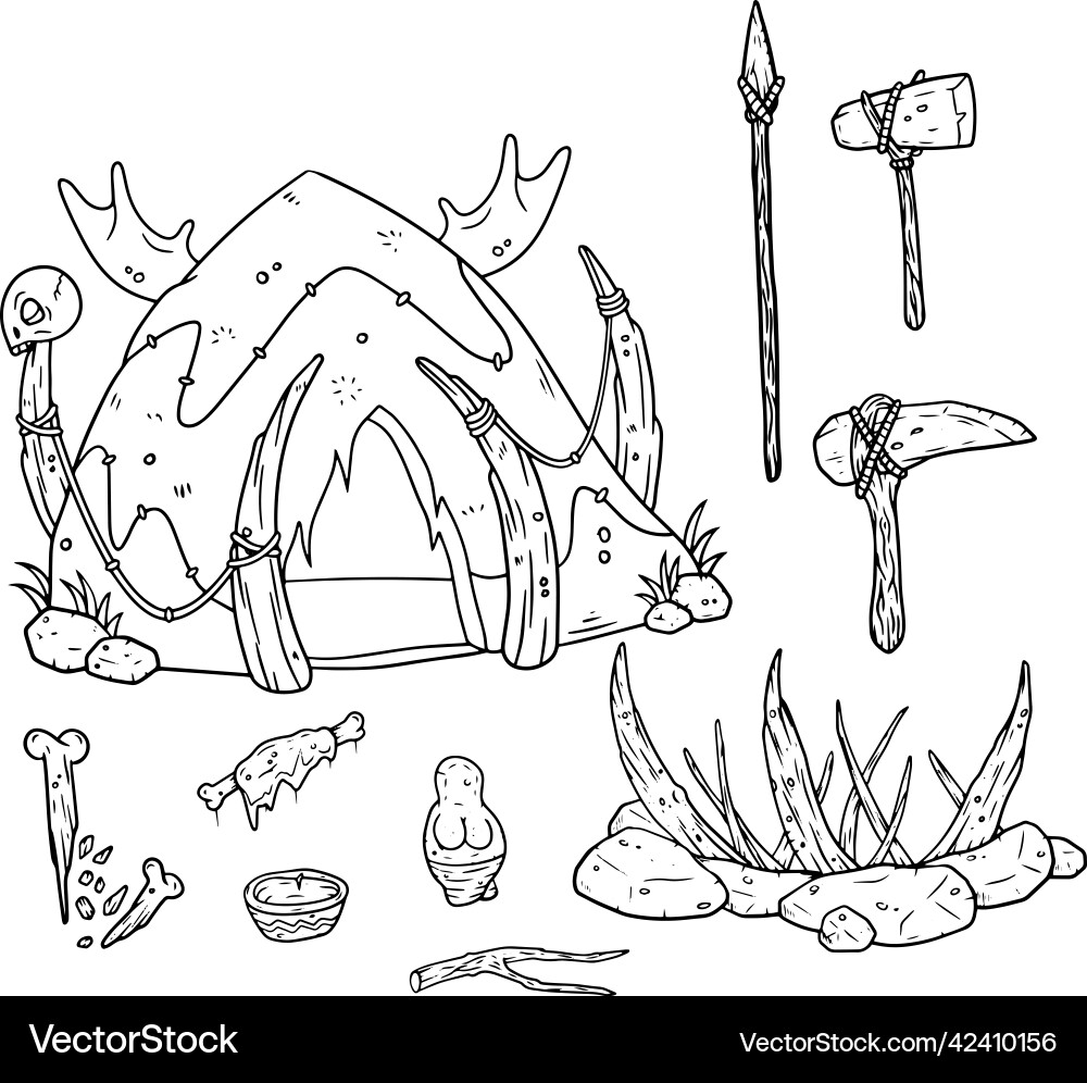 Set of primitive man items Set of primitive man items Vector Image