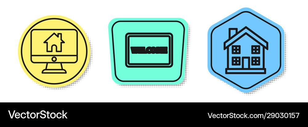 Set line computer monitor with smart home doormat Vector Image