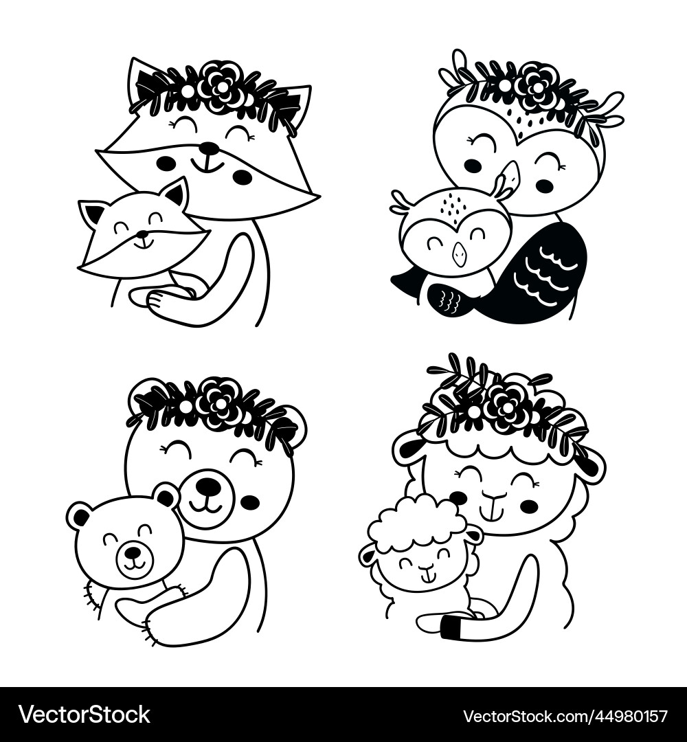 Set of isolated outline mother and baby animals Set of isolated outline mother and baby animals vector image