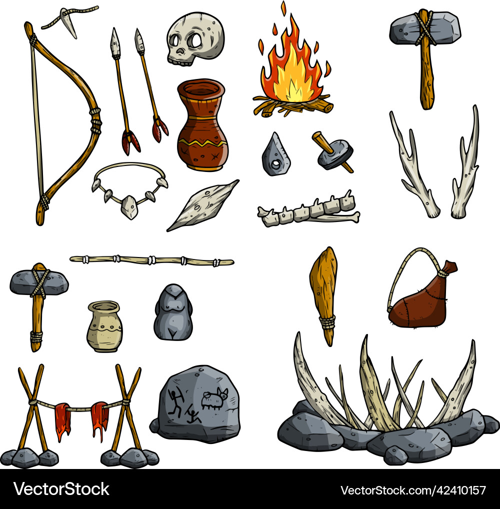 Set of primitive man items Set of primitive man items Vector Image