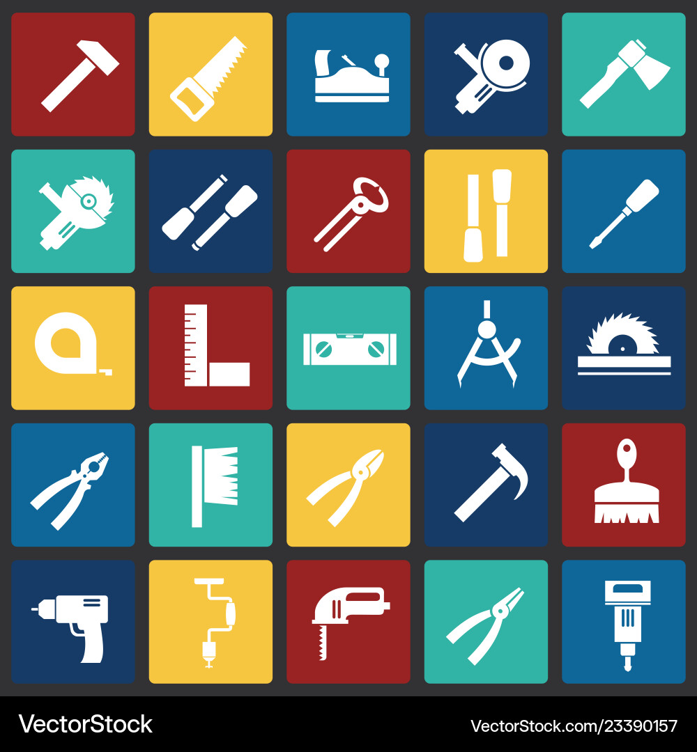 Tools icons set on color squares background Tools icons set on color squares background vector image