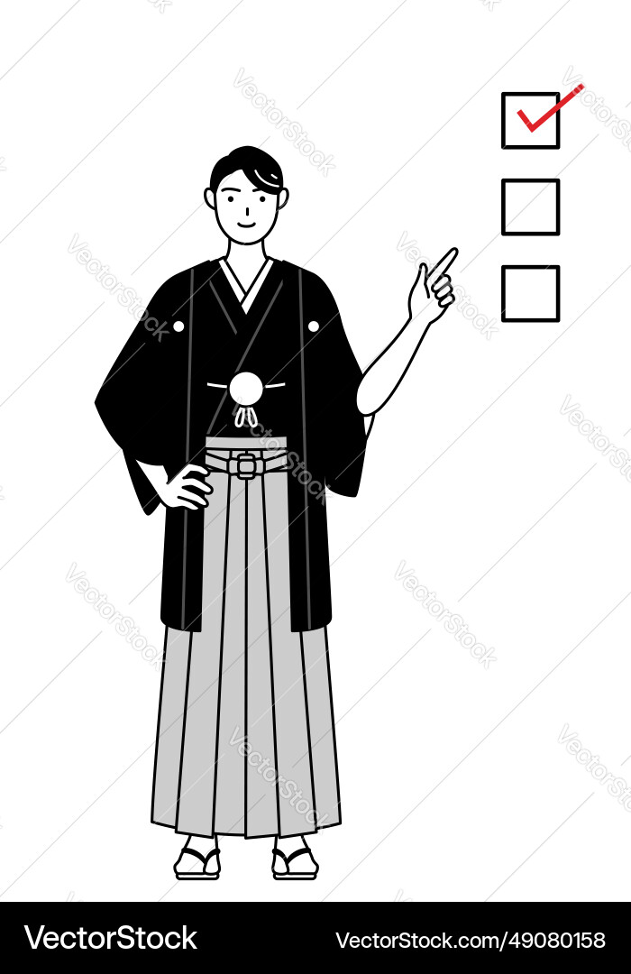 Man wearing hakama with crest pointing Vector Image