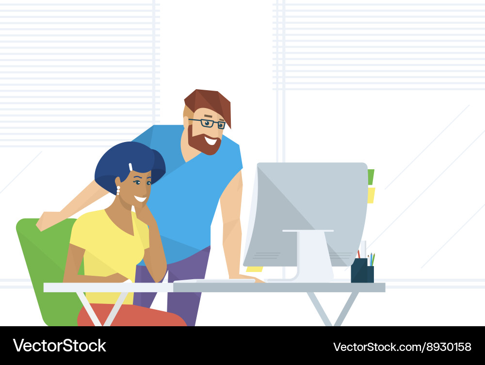 Office Workers Collaborating on Computer Vector Image