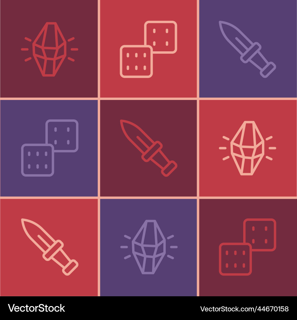 Set line magic stone dagger and game dice icon vector image