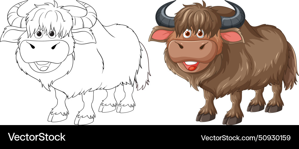 Colorful and outlined yak characters smiling Vector Image