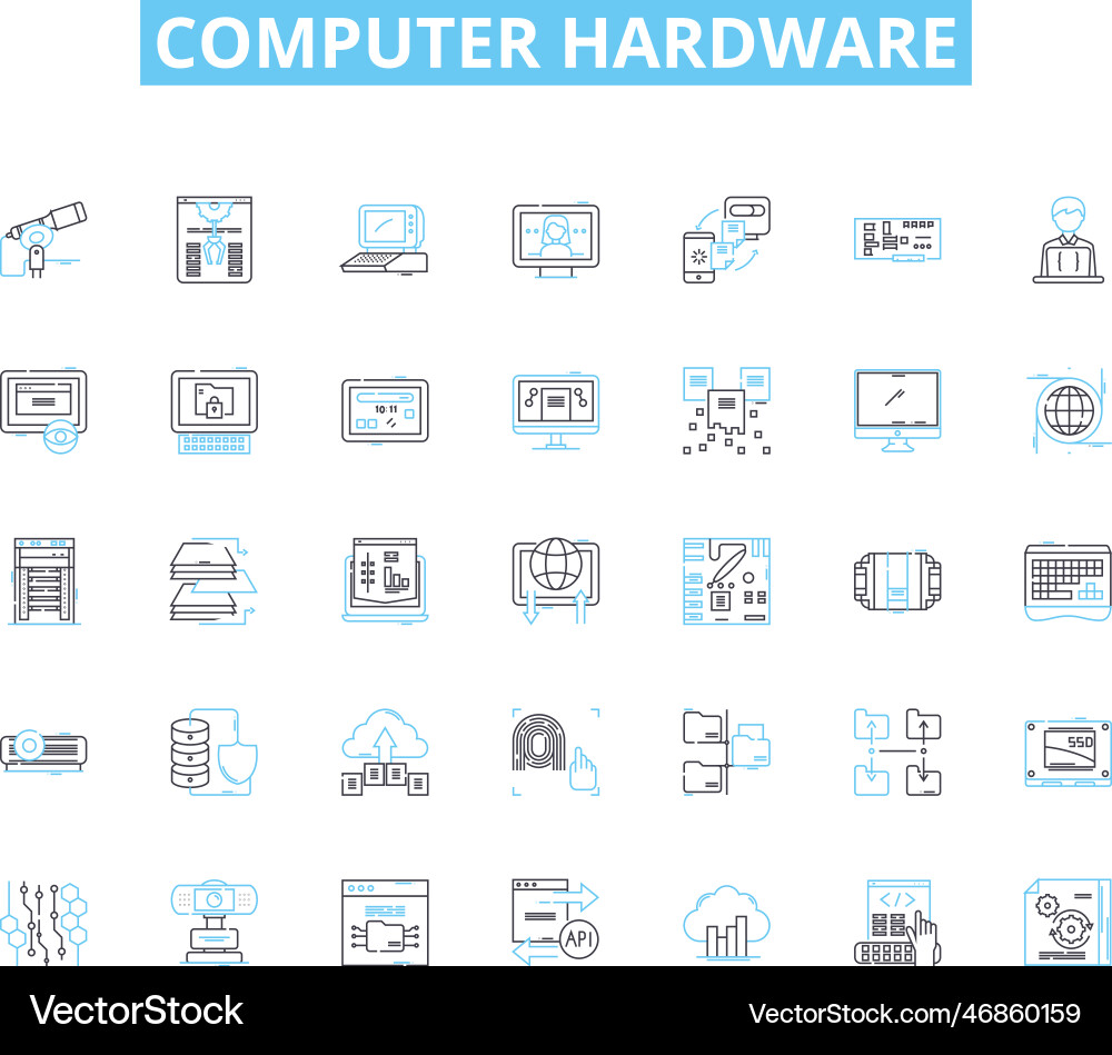Computer hardware linear icons set motherboard vector image