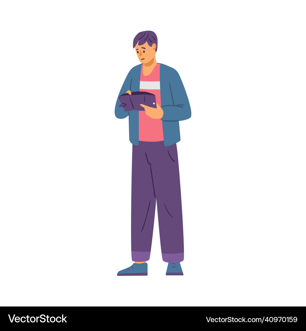 Man stand and look inside empty wallet flat Man stand and look inside empty wallet flat Vector Image
