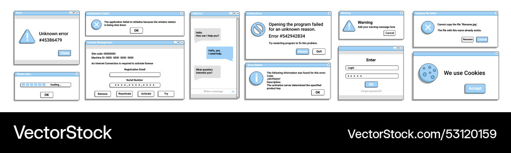 Set of window error pop up in blue color old style Vector Image