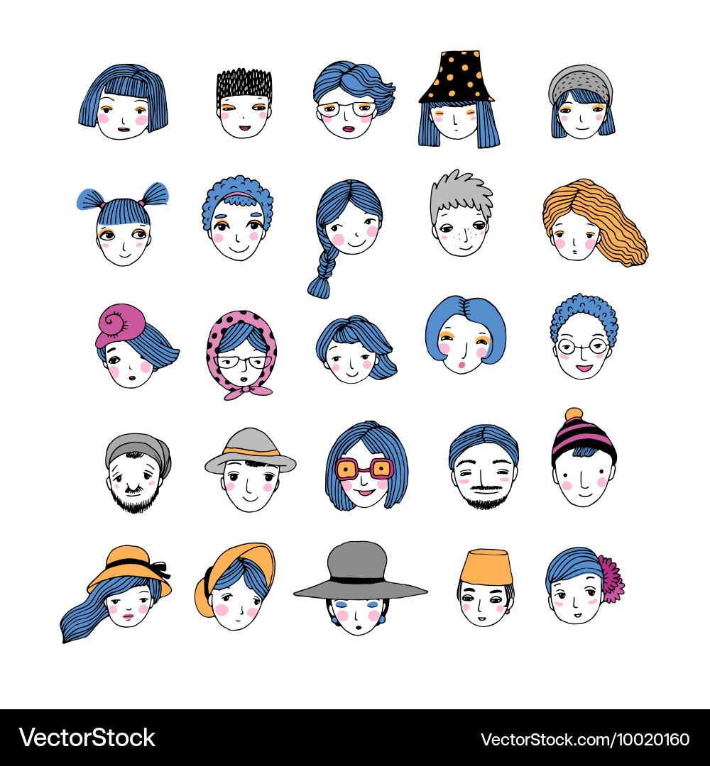 Different faces hand drawing isolated objects vector image