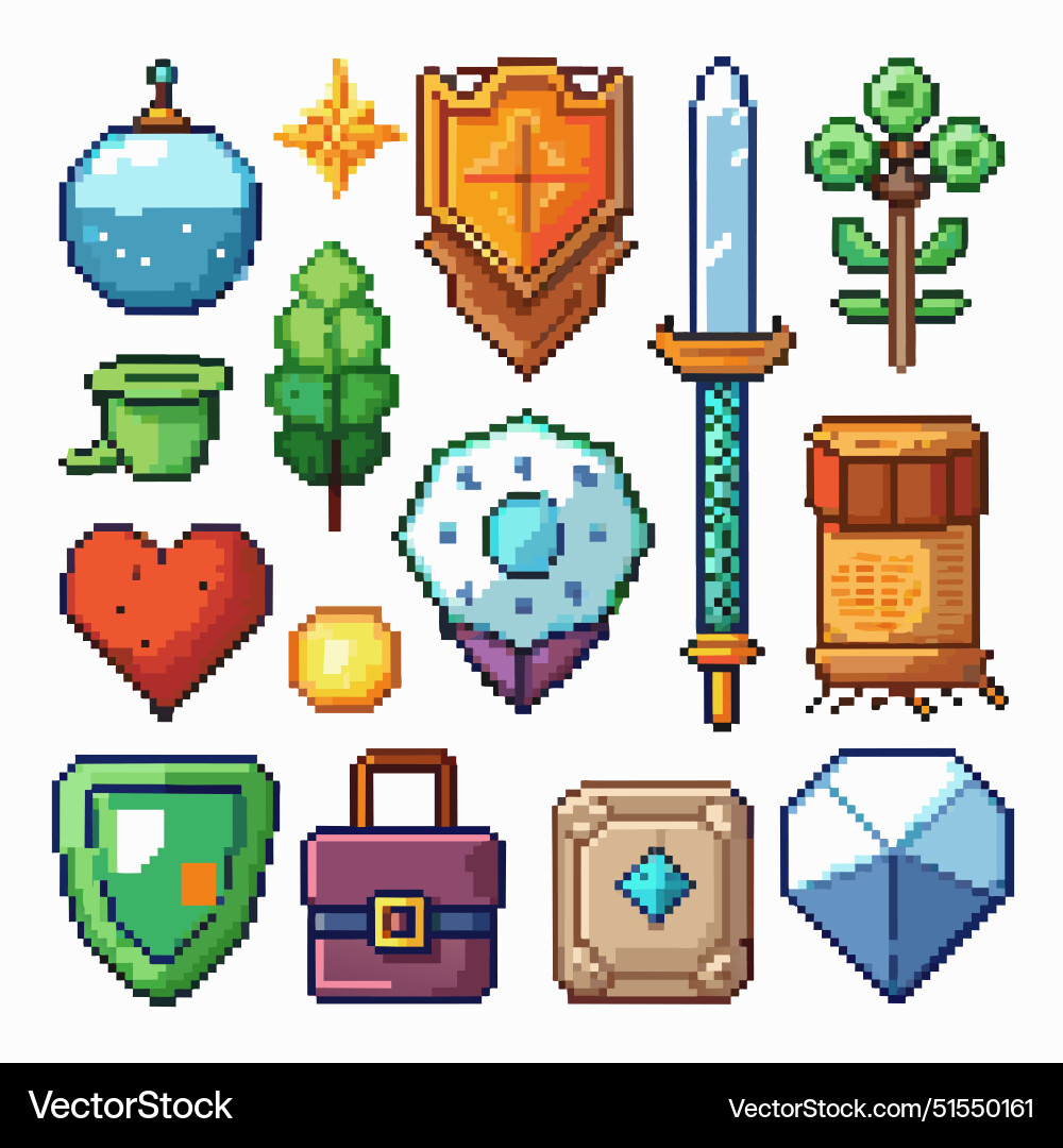 A collection of pixelated objects including A collection of pixelated objects including Vector Image