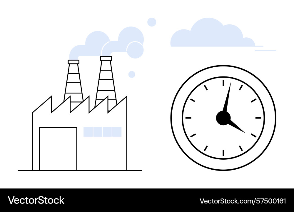 Factory with smokestacks and analog clock Factory with smokestacks and analog clock vector image