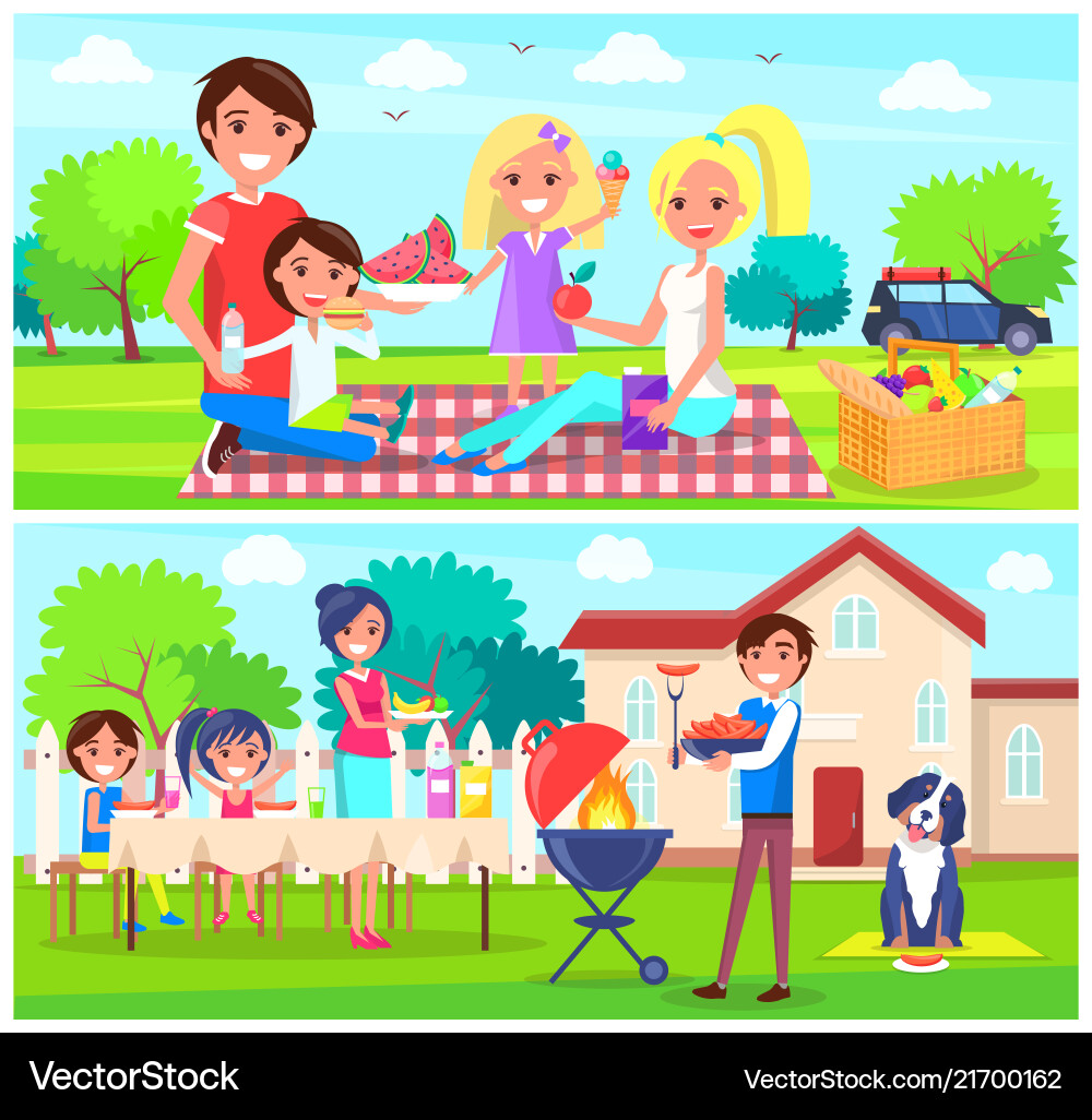 Happy family having picnic together in forest home Happy family having picnic together in forest home vector image