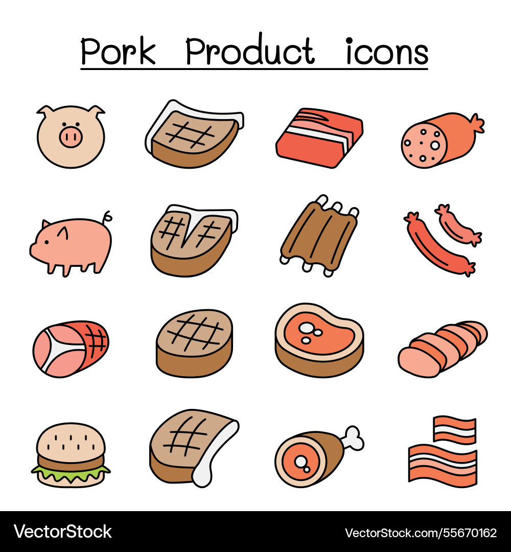 Pig and pork product icon set in color line style Vector Image