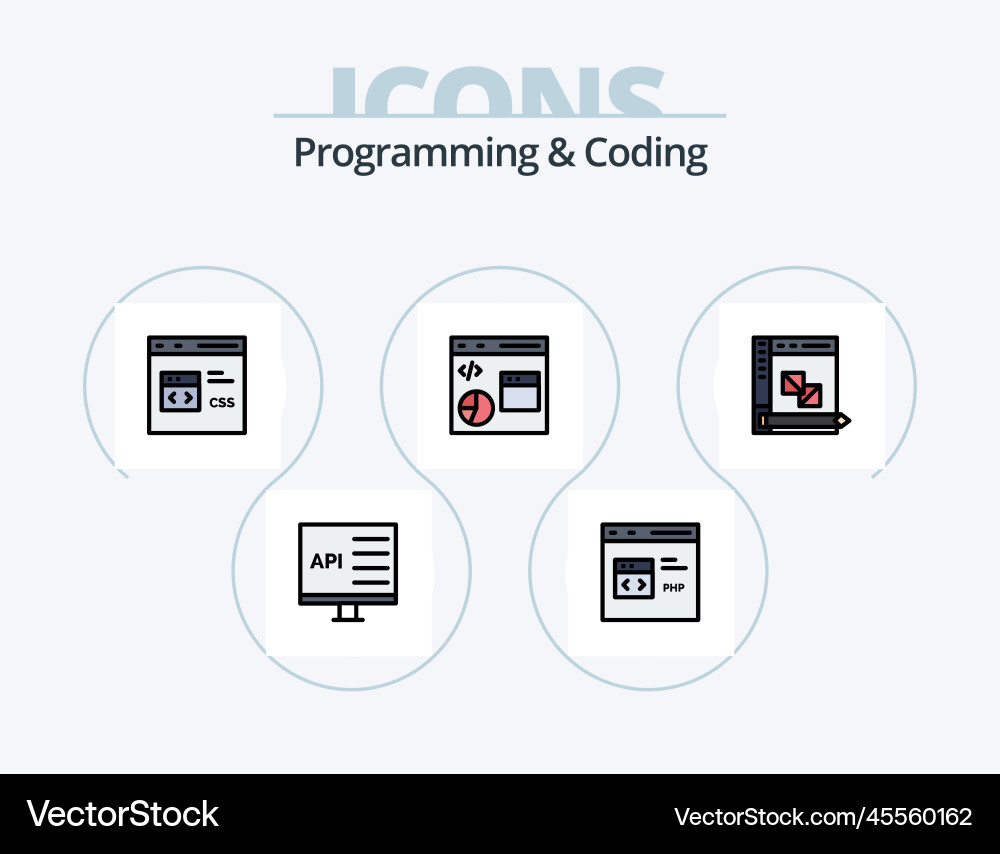 Programming and coding line filled icon pack 5 vector image
