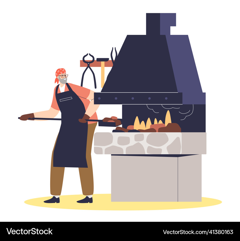 Blacksmith at work firing metal steel in furnace Blacksmith at work firing metal steel in furnace vector image