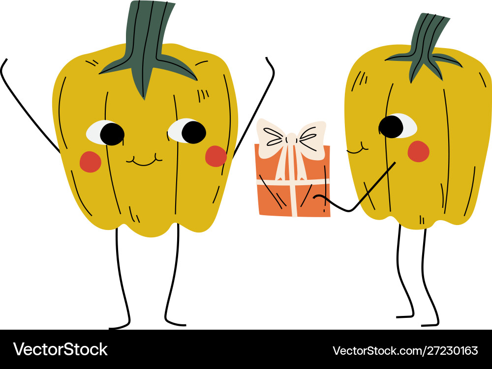 Cute pepper giving gift box to another Cute pepper giving gift box to another Vector Image