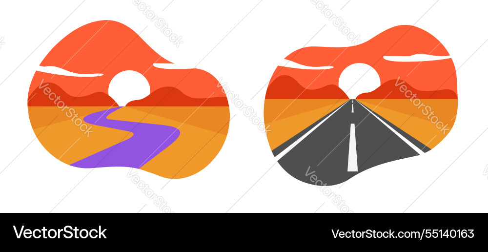 Sunset valley landscape icon with highway road Sunset valley landscape icon with highway road vector image