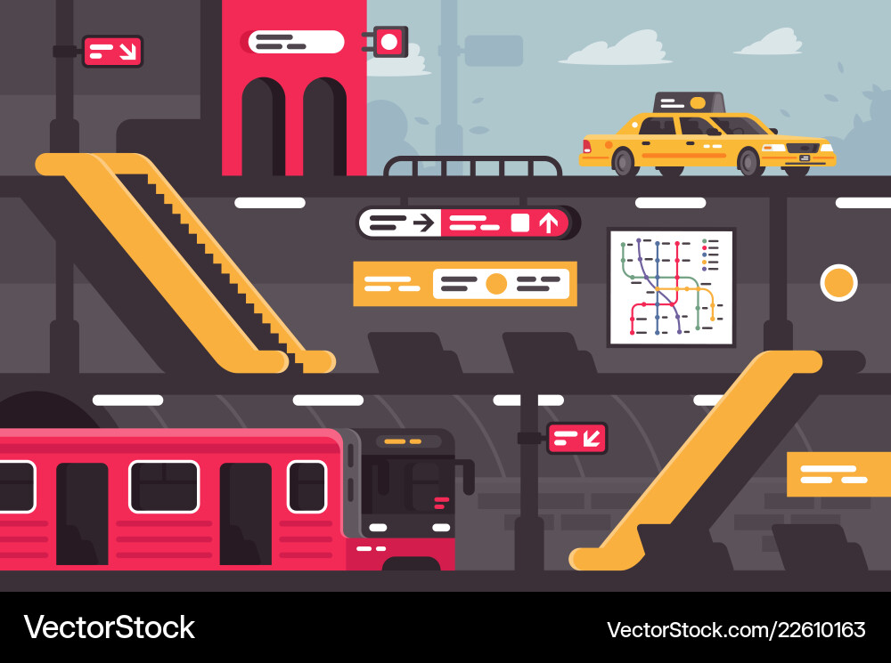 U-Bahn-Straßenabschnitt mit Taxi am Eingang U-Bahn-Straßenabschnitt mit Taxi am Eingang vektorbild