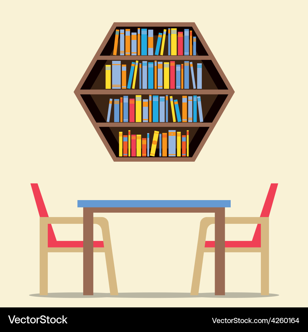 Chairs and table with hexagon bookshelf on wall Vector Image