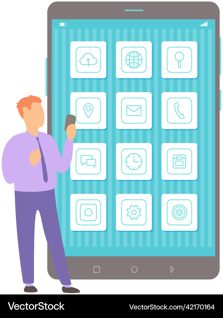 Man looks at icons of applications on smartphone Man looks at icons of applications on smartphone vector image
